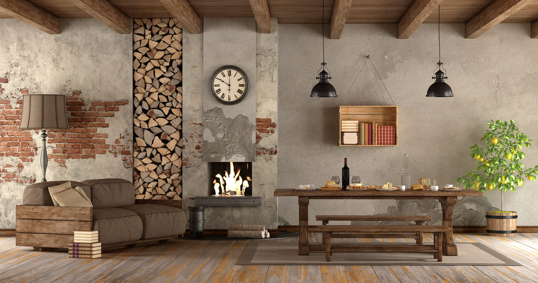camera amenajata in stil rustic, cu semineu si decor din lemn