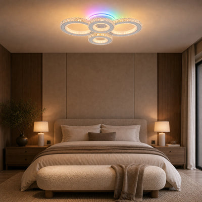 LED mennyezeti lámpa távirányítóval és kristály NOVA ROTONDA RGB 82W, 4 kör, hideg/meleg/semleges fény, szabályozható, fehér