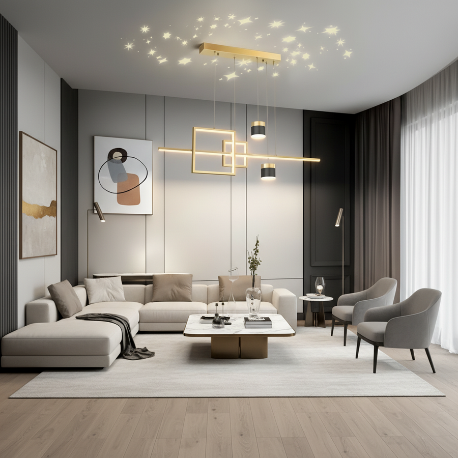 Függesztett LED-csillár távirányítóval DENISSE 81W, Hideg/Meleg/Semleges fény, Szabályozható, Arany, Állítható magasságú, 2233/4GD LED-es csillárok távirányítóval Alapértelmezett cím Alessandro Design