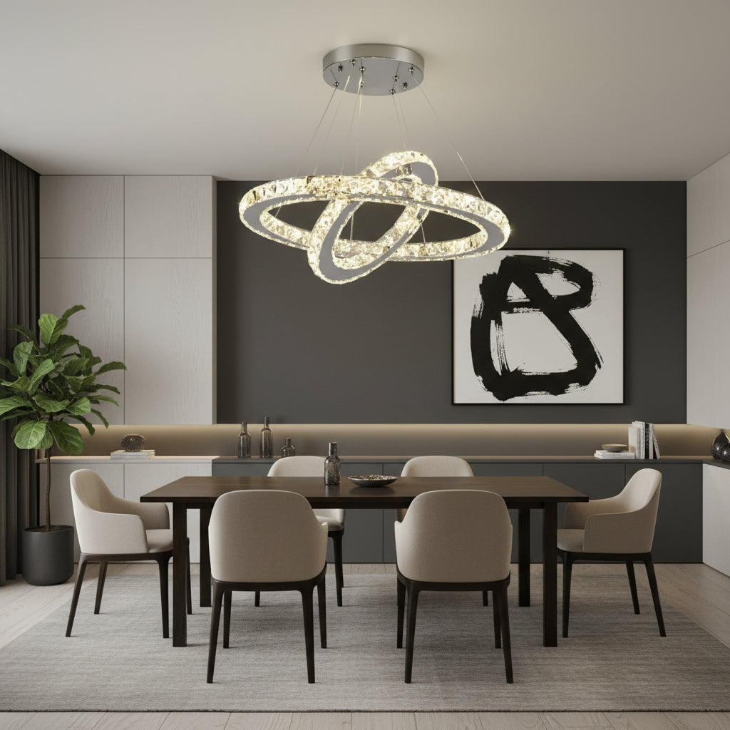 LED csillár távirányítóval és kristály PRISM LUMINIS 58W, 2 kör, hideg/meleg/semleges fény, szabályozható, króm és fehér, állítható magasságú LED csillárok távirányítóval Alapértelmezett cím Alessandro Design