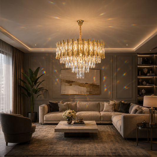 Candelabru Cristal HAMPTON Petito 3xE14, Diametru 30cm, Auriu Lucios, Inaltime Reglabila Candelabre Cristal Default Title Alessandro Design