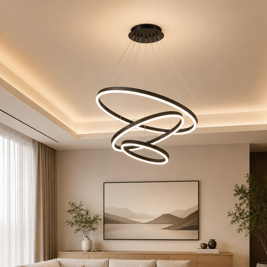 Függesztett LED-csillár távirányítóval CASIANA 85W, 3 kör, hideg/meleg/semleges fény, szabályozható, fekete, állítható magasságú LED-csillárok távirányítóval Alapértelmezett cím Alessandro Design