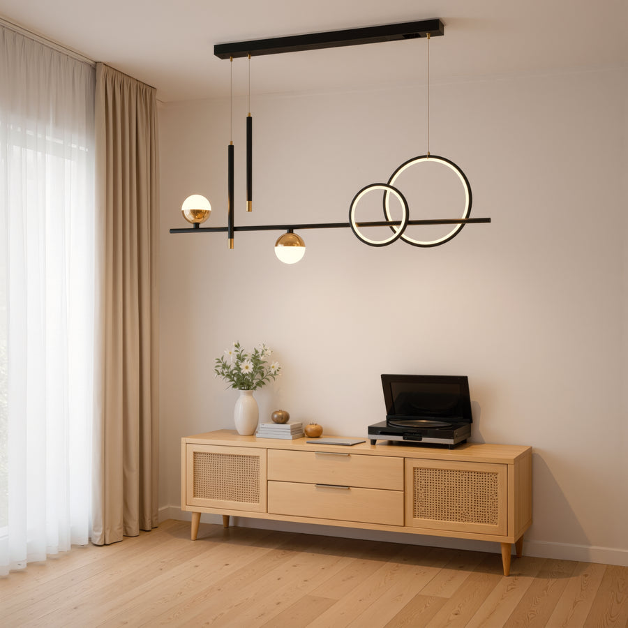 Függesztett LED-csillár távirányítóval DAMARA 44W, hideg/meleg/semleges fény, szabályozható, fekete, állítható magasságú LED-csillárok távirányítóval Alapértelmezett cím Alessandro Design