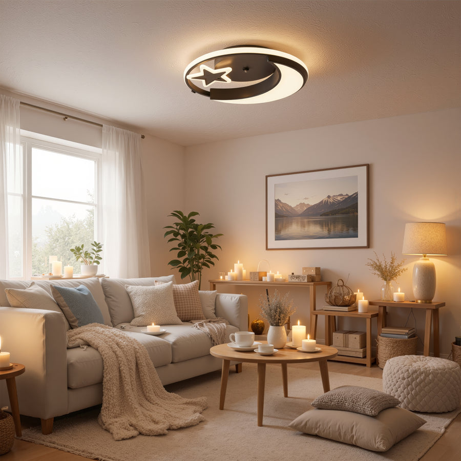 LED csillár távirányítóval ALYONA 44W, Hold és csillag, hűvös/meleg/semleges fény, sötétíthető, fekete LED csillárok távirányítóval Alapértelmezett cím Alessandro Design