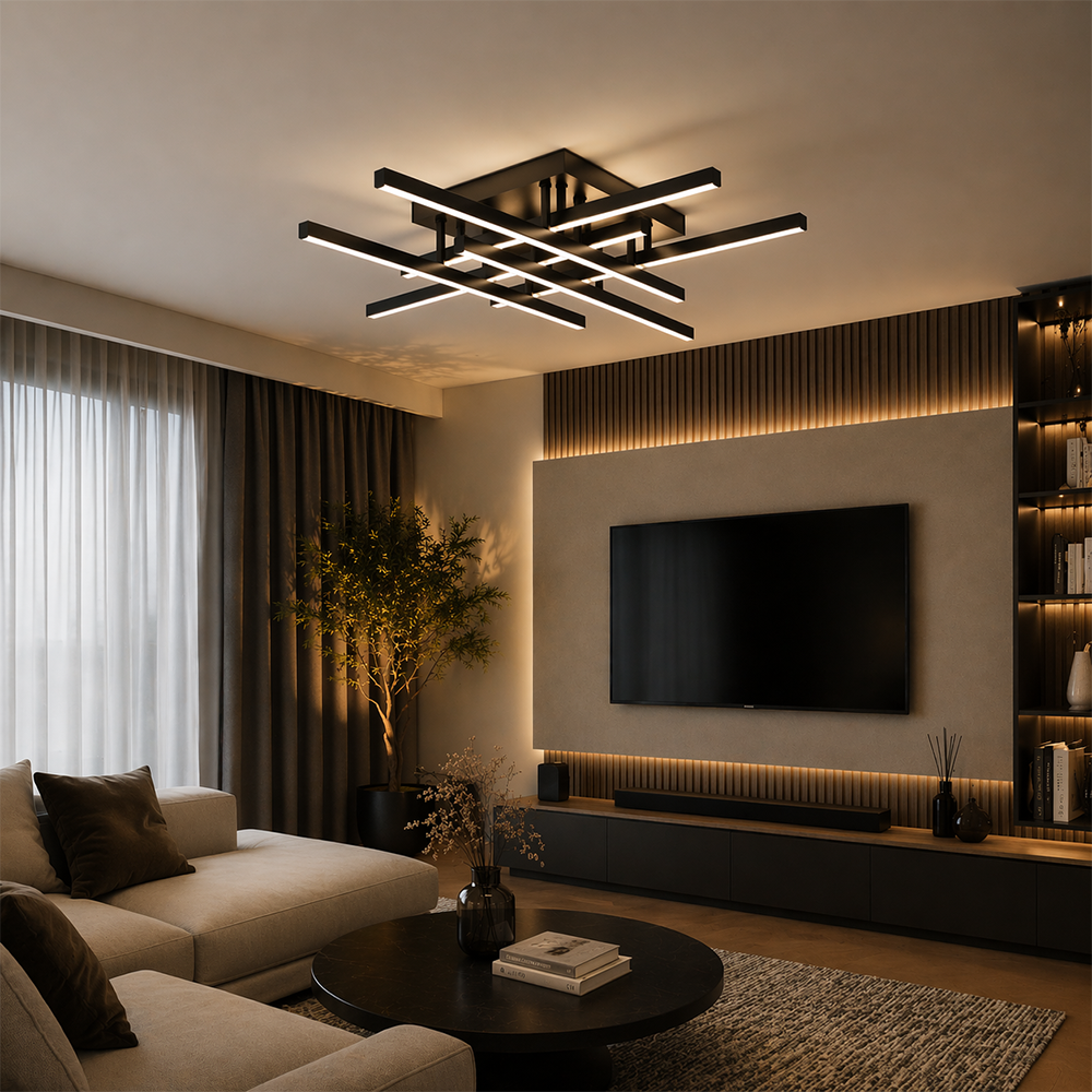 LED csillár távirányítóval LINEX, 81 W, 6 elem, lineáris, hideg/meleg/semleges fény, szabályozható, fekete LED csillárok távirányítóval Alapértelmezett cím Alessandro Design