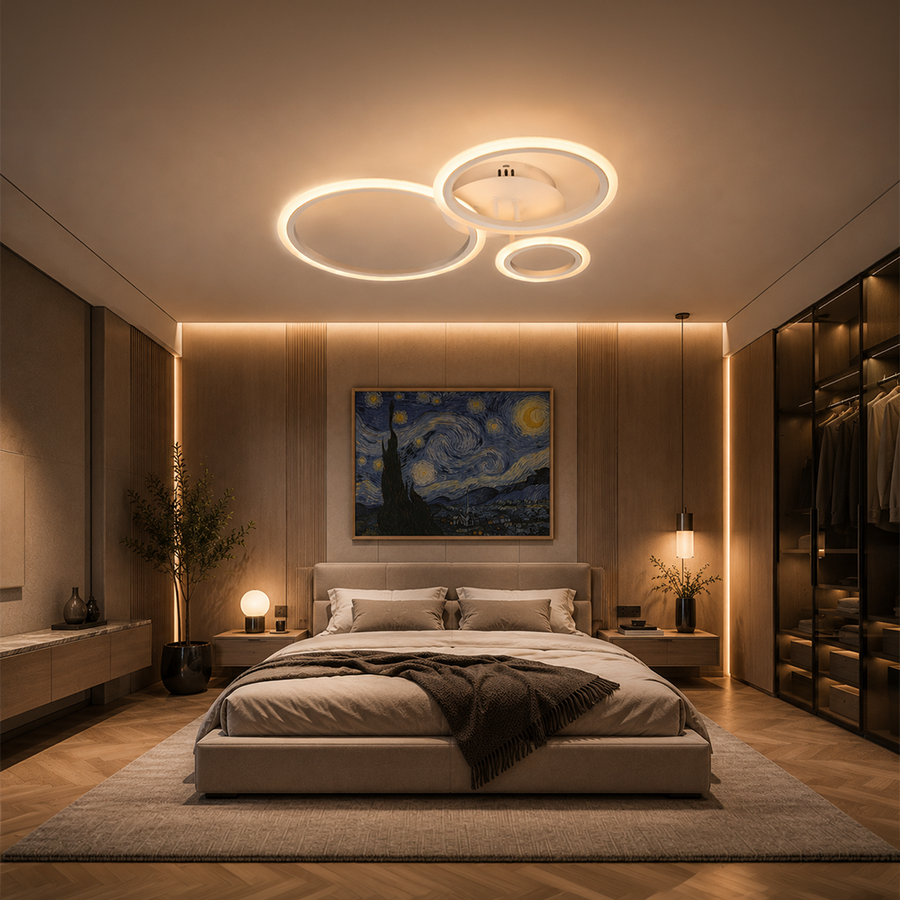 LED csillár távirányítóval BETTY 40 W, 3 kör, hideg/meleg/semleges fény, szabályozható, fehér, fém és akril LED csillárok távirányítóval Alapértelmezett cím Alessandro Design