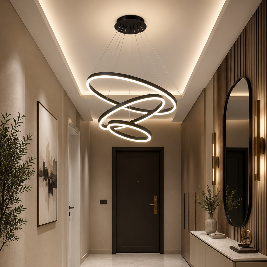 Függesztett LED-csillár távirányítóval CASIANA 85W, 3 kör, hideg/meleg/semleges fény, szabályozható, fekete, állítható magasságú LED-csillárok távirányítóval Alapértelmezett cím Alessandro Design