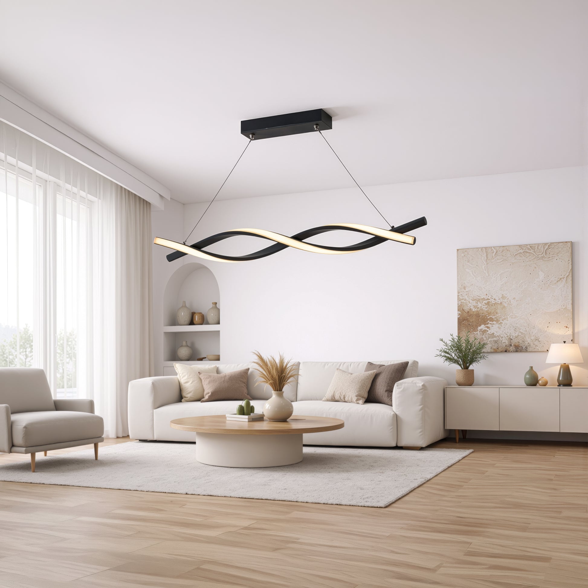 Függesztett LED-csillár távirányítóval, FLUX, 27 W, 116 cm, hideg/meleg/semleges fény 3000K/4000K/6000K, szabályozható, fekete, állítható magasságú, fém és szilikon modern csillárok alapértelmezett cím Alessandro Design