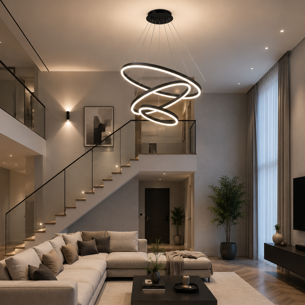 Függesztett LED-csillár távirányítóval CASIANA 85W, 3 kör, hideg/meleg/semleges fény, szabályozható, fekete, állítható magasságú LED-csillárok távirányítóval Alapértelmezett cím Alessandro Design