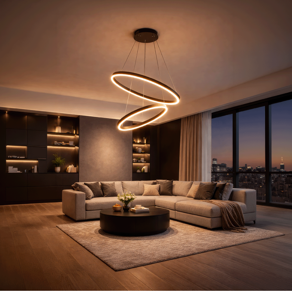 Függesztett LED-csillár távirányítóval CASIANA 40W, 2 kör, hideg/meleg/semleges fény 3000K/4000K/6000K, szabályozható, fekete, állítható magasságú, fém és akril LED-csillárok távirányítóval Alapértelmezett cím Alessandro Design