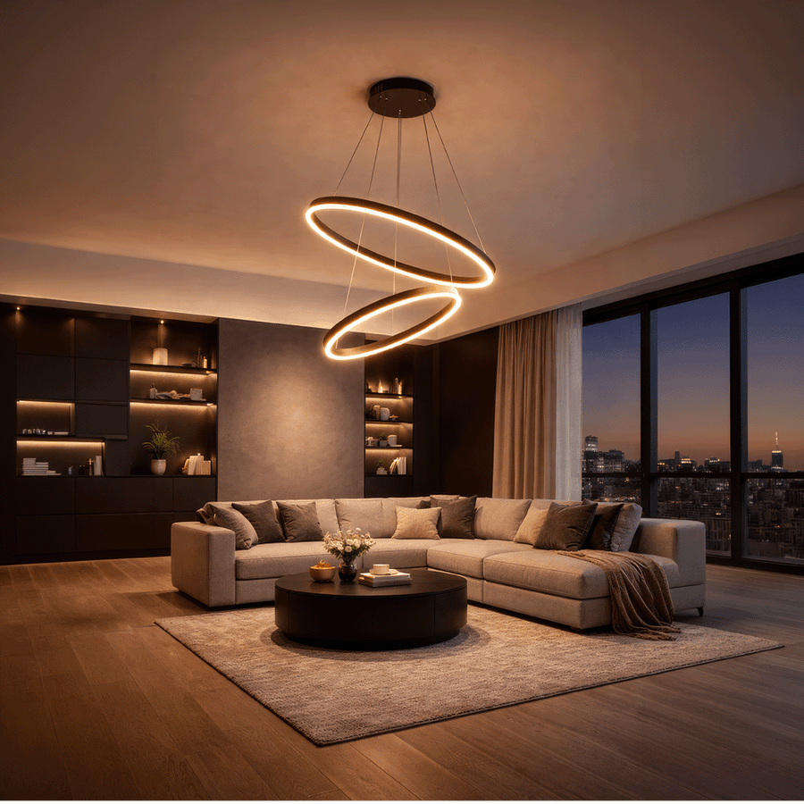 Függesztett LED-csillár távirányítóval CASIANA 40W, 2 kör, hideg/meleg/semleges fény 3000K/4000K/6000K, szabályozható, fekete, állítható magasságú, fém és akril LED-csillárok távirányítóval Alapértelmezett cím Alessandro Design