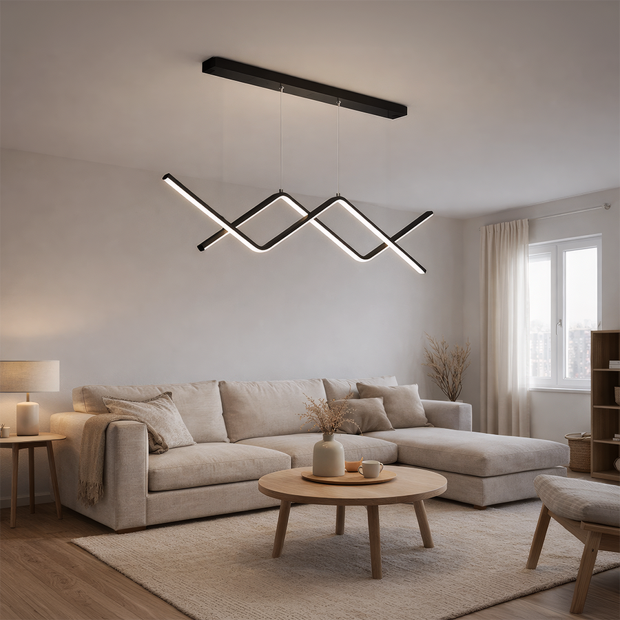 Függesztett LED-es csillár távirányítóval ZIGZAG 27W, hideg/meleg/semleges fény, szabályozható, fekete, állítható magasságú LED-csillárok távirányítóval Alapértelmezett cím Alessandro Design