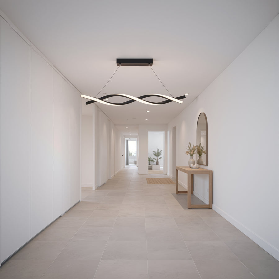 Függesztett LED-csillár távirányítóval, FLUX, 27 W, 116 cm, hideg/meleg/semleges fény 3000K/4000K/6000K, szabályozható, fekete, állítható magasságú, fém és szilikon modern csillárok alapértelmezett cím Alessandro Design