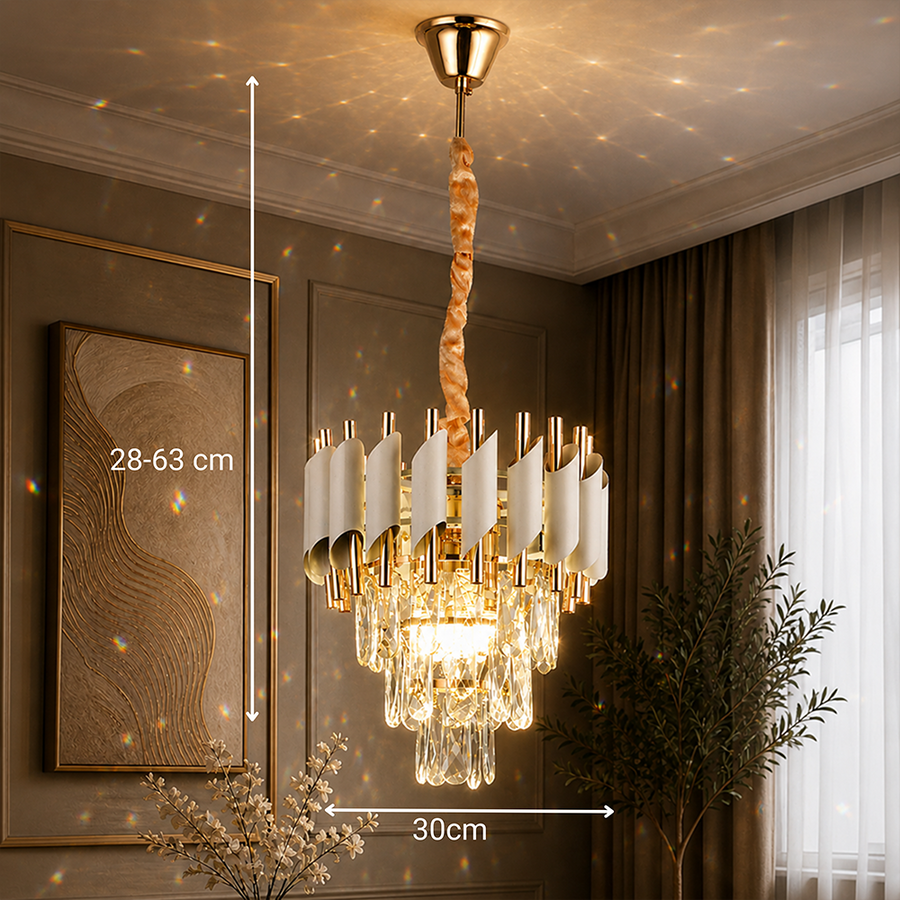 Kristály csillár VERSAILLES Petito 3xE14, átmérő 30 cm, fényes arany és fehér, állítható magasságú, fém és kristály kristálycsillárok alapértelmezett cím Alessandro Design