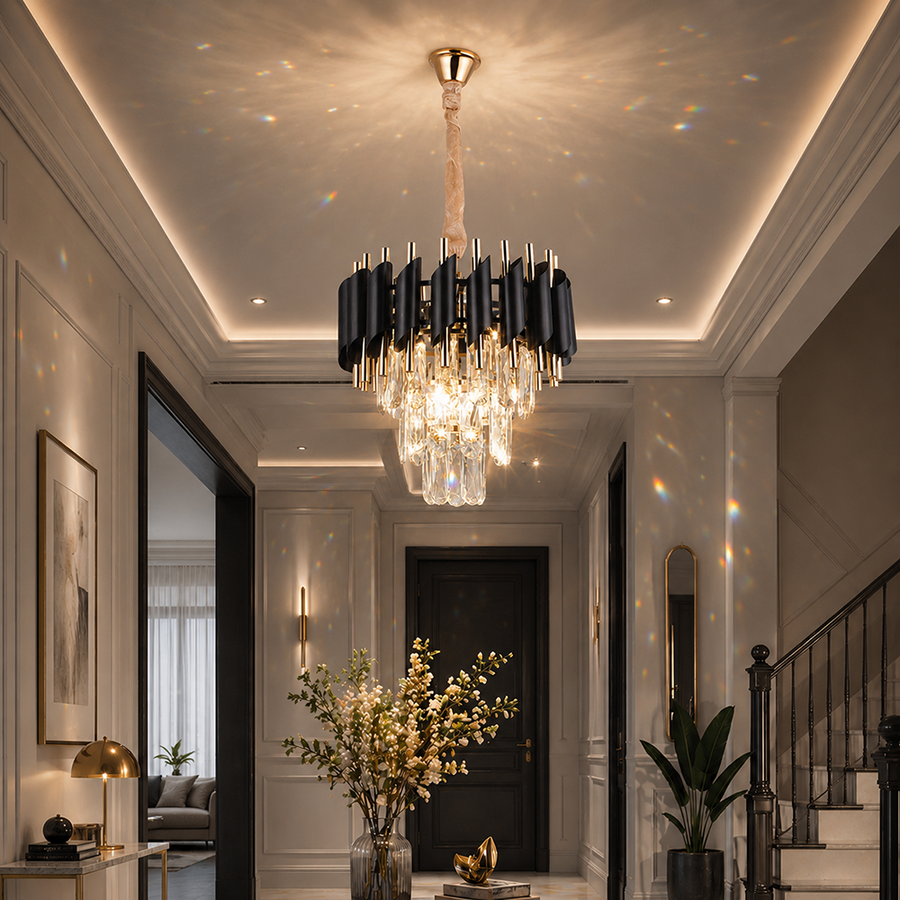 Kristály csillár VERSAILLES Petito 3xE14, átmérő 30 cm, fényes arany és fekete, állítható magasságú kristálycsillár alapértelmezett cím Alessandro Design
