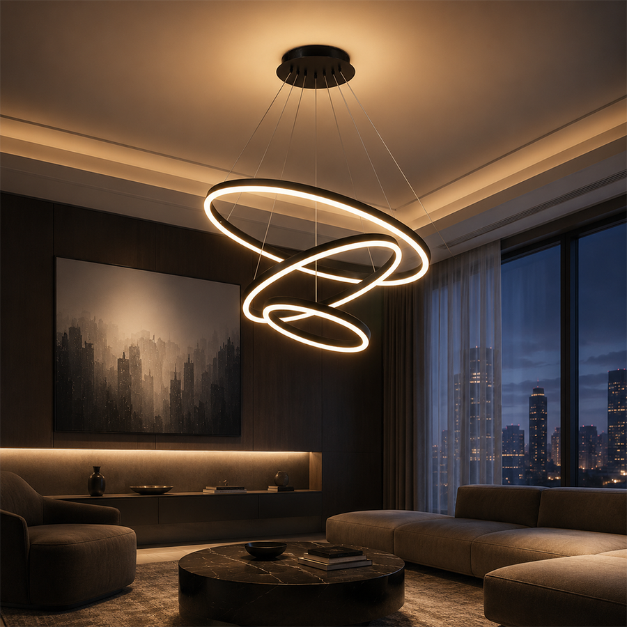 Függesztett LED-csillár távirányítóval CASIANA 85W, 3 kör, hideg/meleg/semleges fény, szabályozható, fekete, állítható magasságú LED-csillárok távirányítóval Alapértelmezett cím Alessandro Design
