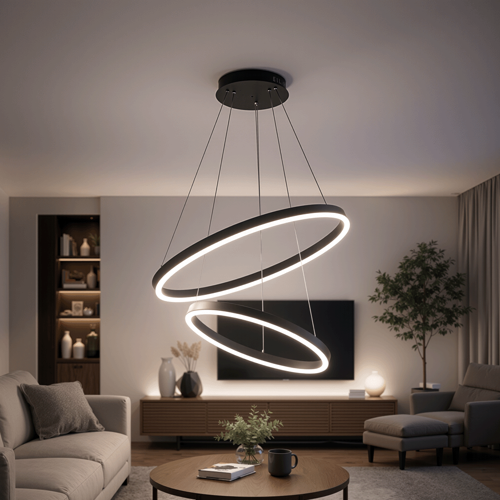 Függesztett LED-csillár távirányítóval CASIANA 40W, 2 kör, hideg/meleg/semleges fény 3000K/4000K/6000K, szabályozható, fekete, állítható magasságú, fém és akril LED-csillárok távirányítóval Alapértelmezett cím Alessandro Design