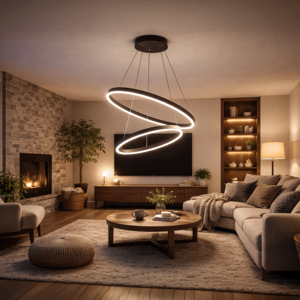 Függesztett LED-csillár távirányítóval CASIANA 40W, 2 kör, hideg/meleg/semleges fény 3000K/4000K/6000K, szabályozható, fekete, állítható magasságú, fém és akril LED-csillárok távirányítóval Alapértelmezett cím Alessandro Design