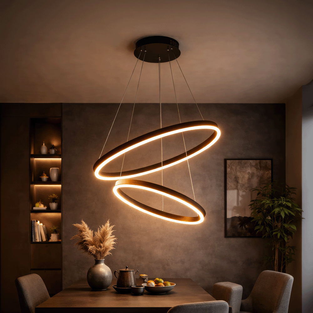 Függesztett LED-csillár távirányítóval CASIANA 40W, 2 kör, hideg/meleg/semleges fény 3000K/4000K/6000K, szabályozható, fekete, állítható magasságú, fém és akril LED-csillárok távirányítóval Alapértelmezett cím Alessandro Design