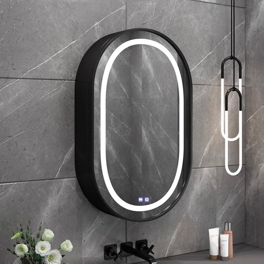 Oglinda LED cu Dulap, Ovala, 50x80cm, Dezaburire, Lumina Rece/Calda/Neutra, Rama Neagra, Spatiu de Depozitare Oglinzi Dulap Default Title Alessandro Design