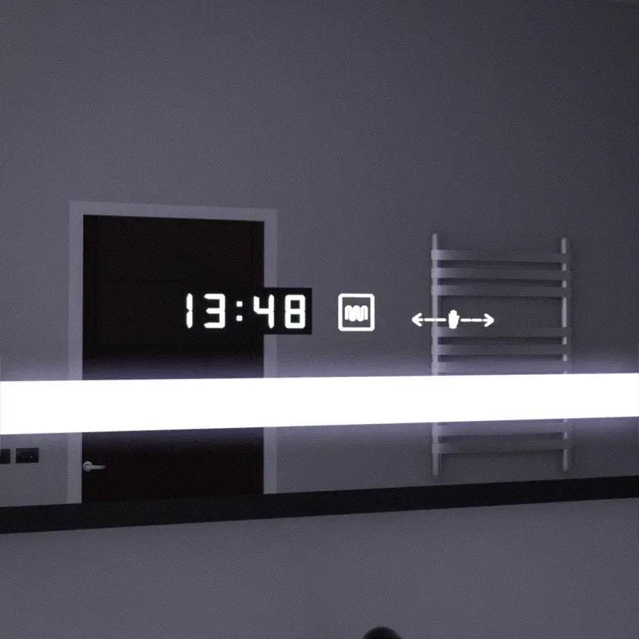 Négyszögletű LED-es tükör, 120x80 cm, Marcello MotionGlow érzékelő, páramentesítő rendszer, óra és hőmérő, kozmetikai nagyító, szabályozható Marcello tükrök alapértelmezett cím Alessandro Design