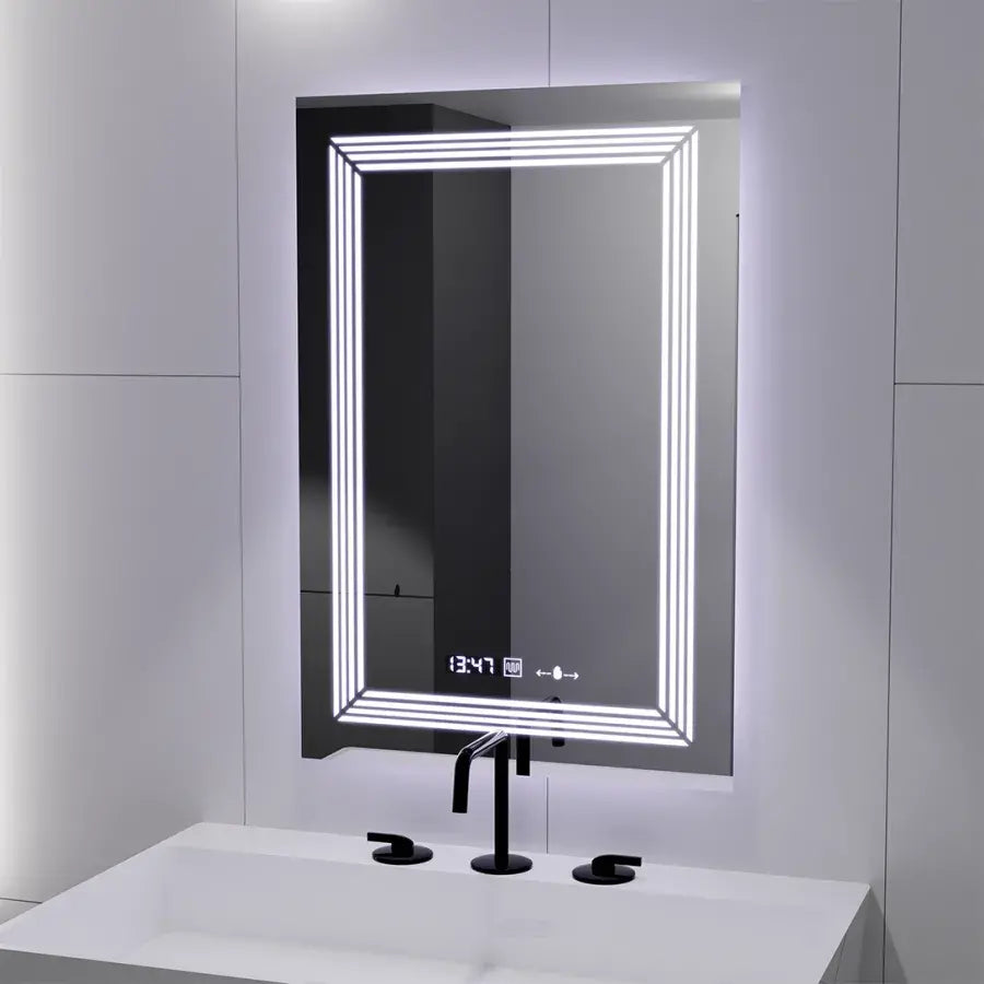 Négyszögletű LED tükör, 60x80 cm, Venezia Marcello MotionGlow érzékelő, páramentesítő rendszer, óra és hőmérő, szabályozható, meleg, semleges hideg fény 3000K/4000K/6000K Marcello tükrök alapértelmezett cím Alessandro Design