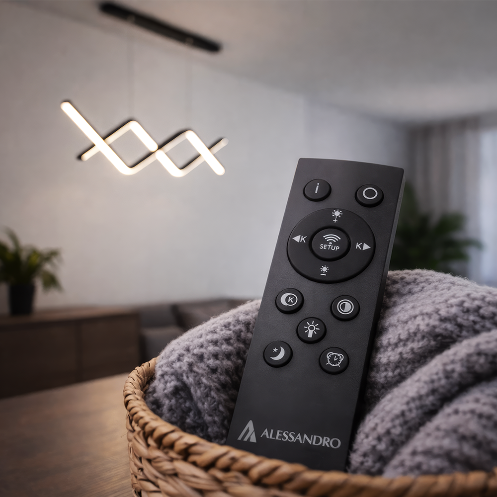 Függesztett LED-es csillár távirányítóval ZIGZAG 27W, hideg/meleg/semleges fény, szabályozható, fekete, állítható magasságú LED-csillárok távirányítóval Alapértelmezett cím Alessandro Design