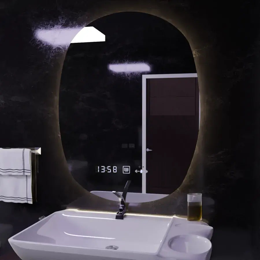 Ovális LED tükör, 60x80 cm, Ranya Marcello MotionGlow érzékelő, páramentesítő rendszer, óra és hőmérő, Dimabila Marcello tükrök Alapértelmezett cím Alessandro Design