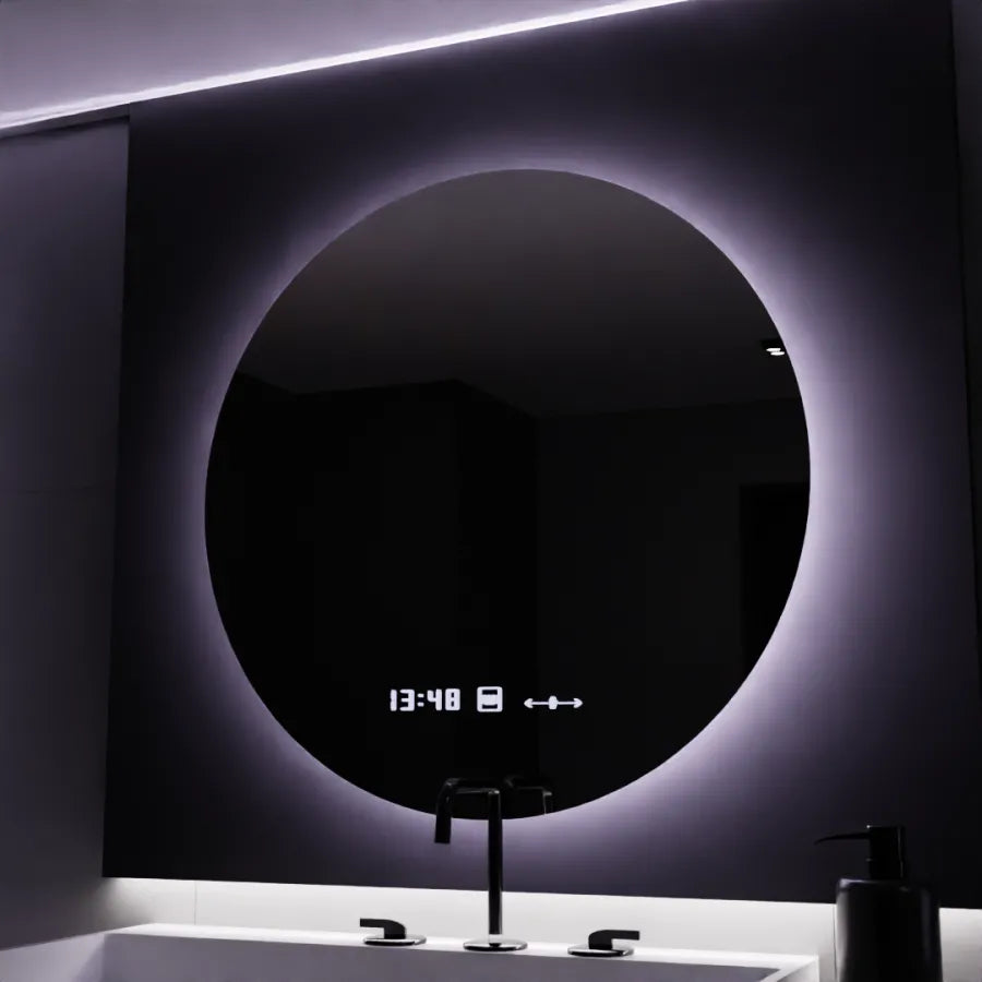 LED-es kerek tükör, 80 cm, Serenite MotionGlow Marcello, páramentesítő rendszer, óra és hőmérő, szabályozható tükrök Marcello alapértelmezett cím Alessandro Design
