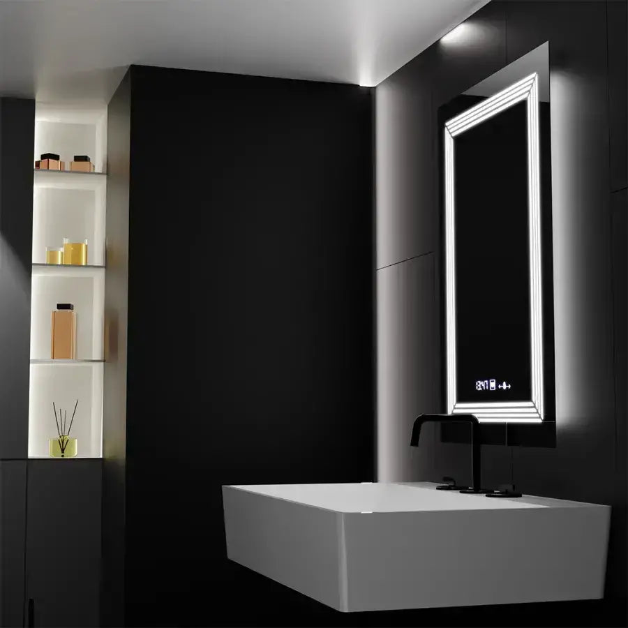 Négyszögletű LED tükör, 60x80 cm, Venezia Marcello MotionGlow érzékelő, páramentesítő rendszer, óra és hőmérő, szabályozható, meleg, semleges hideg fény 3000K/4000K/6000K Marcello tükrök alapértelmezett cím Alessandro Design