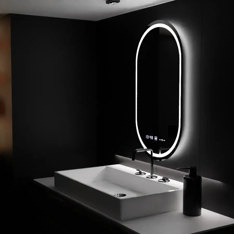 Ovális LED-es tükör, 60x80 cm, Eminence MotionGlow Marcello, páramentesítő rendszer, óra és hőmérő, szabályozható Marcello tükör Alapértelmezett cím Alessandro Design