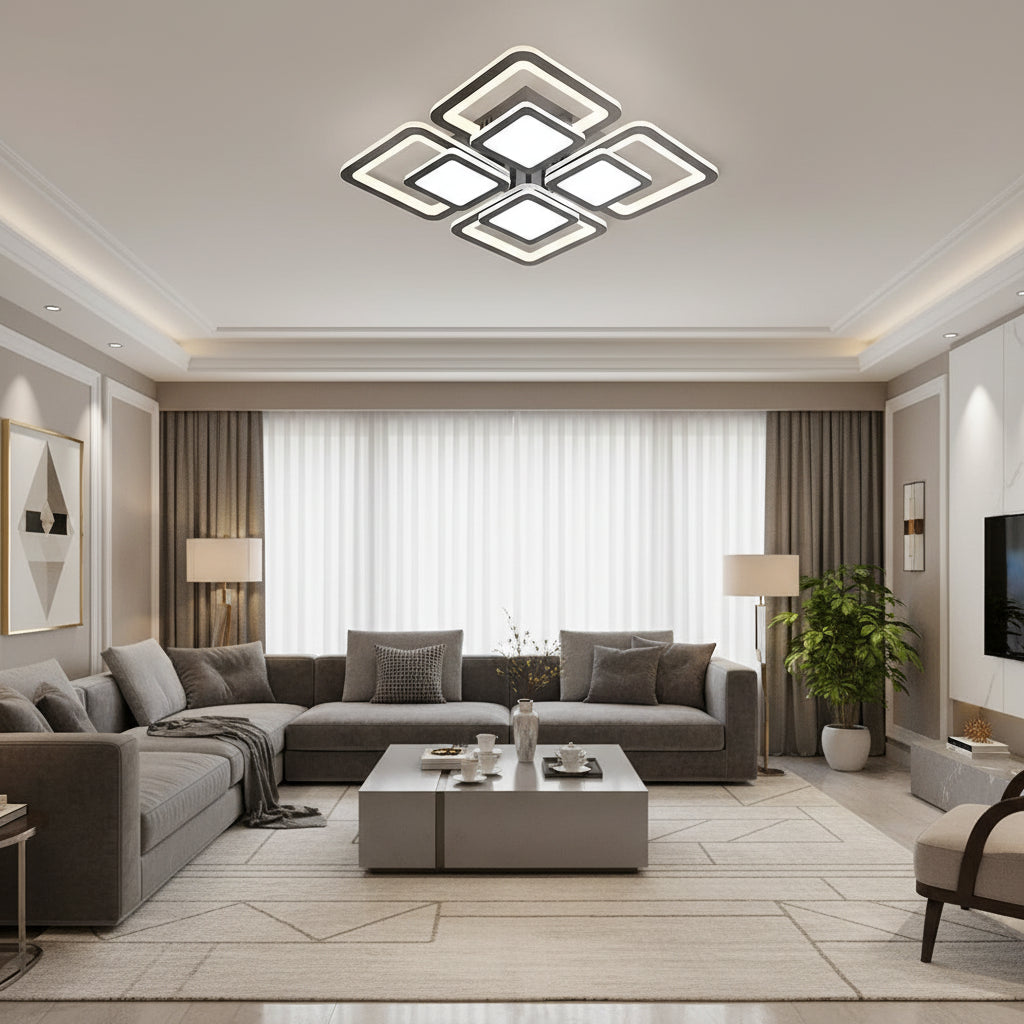 LED-es csillár távirányítóval SUSAN 96W, 4 négyzet, hideg/meleg/semleges fény, szabályozható, fekete LED-es csillárok távirányítóval Alapértelmezett cím Alessandro Design