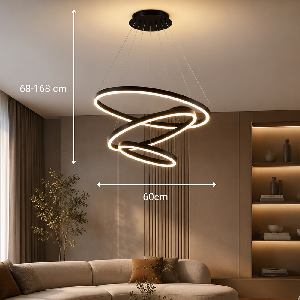 Függesztett LED-csillár távirányítóval CASIANA 85W, 3 kör, hideg/meleg/semleges fény, szabályozható, fekete, állítható magasságú LED-csillárok távirányítóval Alapértelmezett cím Alessandro Design