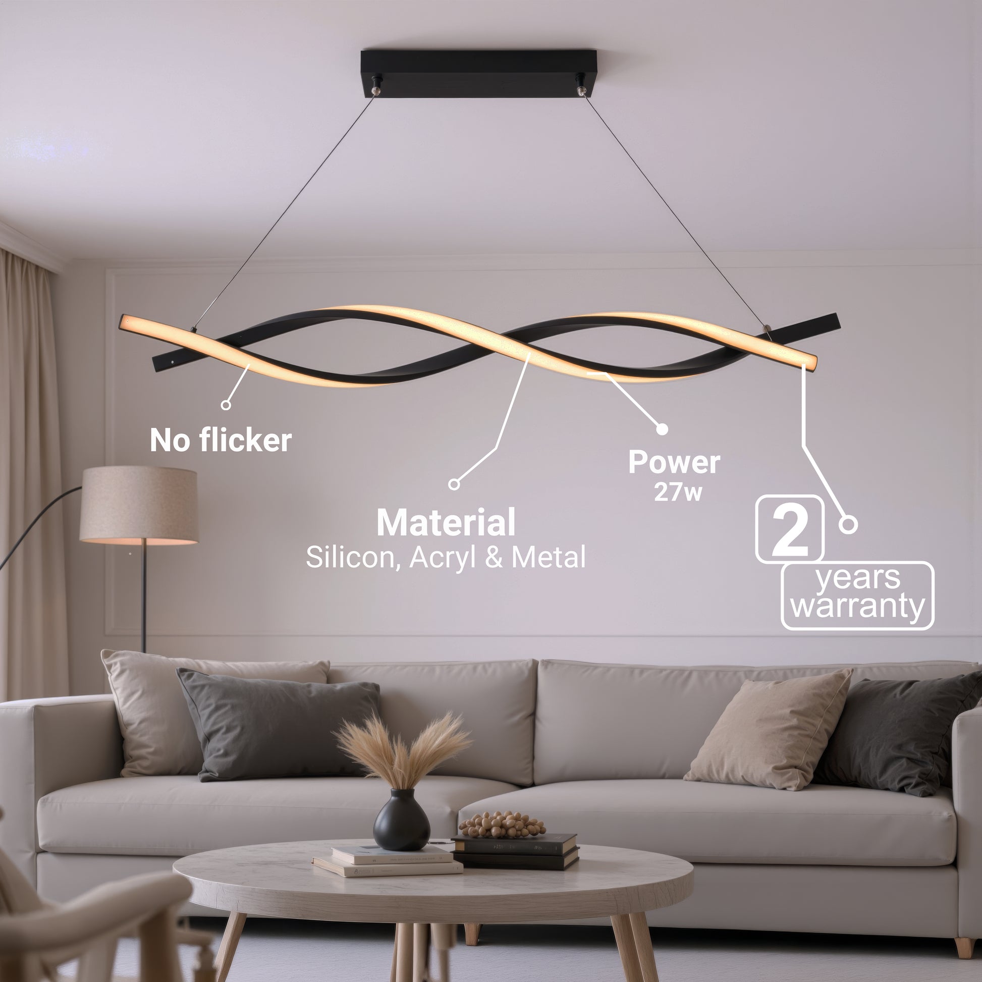 Függesztett LED-csillár távirányítóval, FLUX, 27 W, 116 cm, hideg/meleg/semleges fény 3000K/4000K/6000K, szabályozható, fekete, állítható magasságú, fém és szilikon modern csillárok alapértelmezett cím Alessandro Design