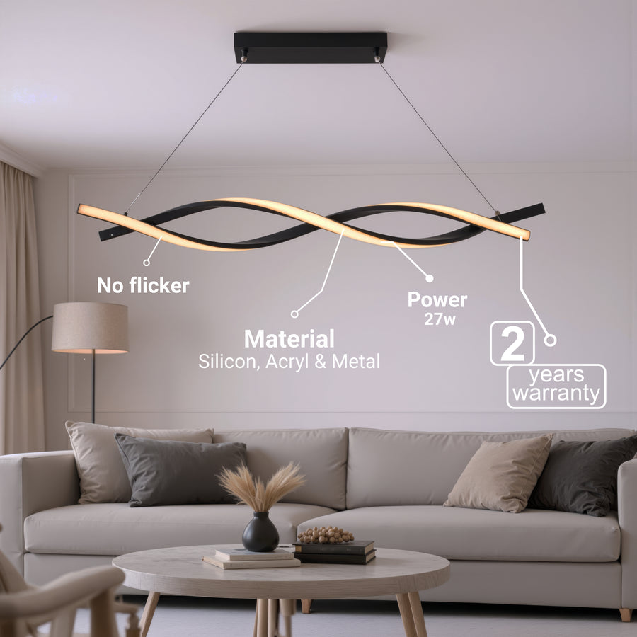 Függesztett LED-csillár távirányítóval, FLUX, 27 W, 116 cm, hideg/meleg/semleges fény 3000K/4000K/6000K, szabályozható, fekete, állítható magasságú, fém és szilikon modern csillárok alapértelmezett cím Alessandro Design
