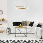 Függesztett LED-csillár, ANINA, 34W, 1 kör, átmérő 50 cm, hideg/meleg/semleges fény 3000K/4000K/6000K, szabályozható, fényes aranyfehér, állítható magasságú, fém és akril LED-csillárok távirányítóval Alapbeállítás Cím Alessandro