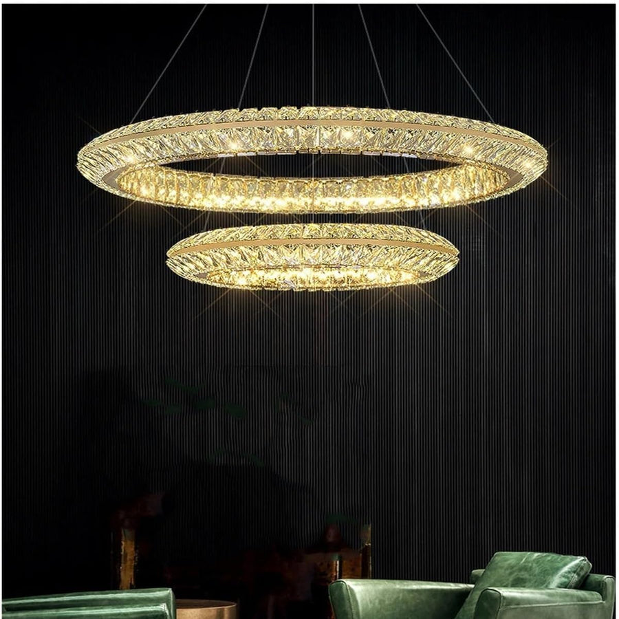 Lustra LED cu Telecomanda, LLC132/300GD, Cristal si Metal, 37W, 2 Cerc, Dimabila, 3000K/4000K/6000K, Iluminat Luxos Lustre LED cu Telecomanda Default Title Alessandro Design