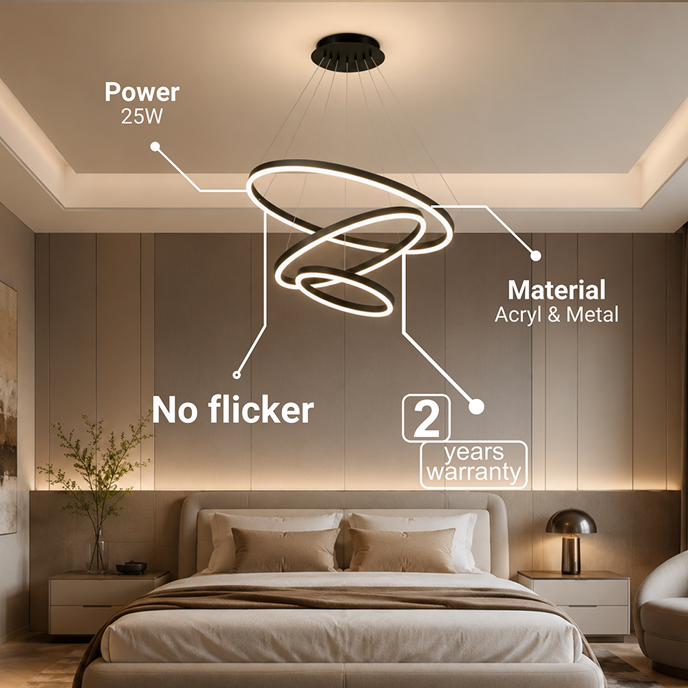Függesztett LED-csillár távirányítóval CASIANA 85W, 3 kör, hideg/meleg/semleges fény, szabályozható, fekete, állítható magasságú LED-csillárok távirányítóval Alapértelmezett cím Alessandro Design