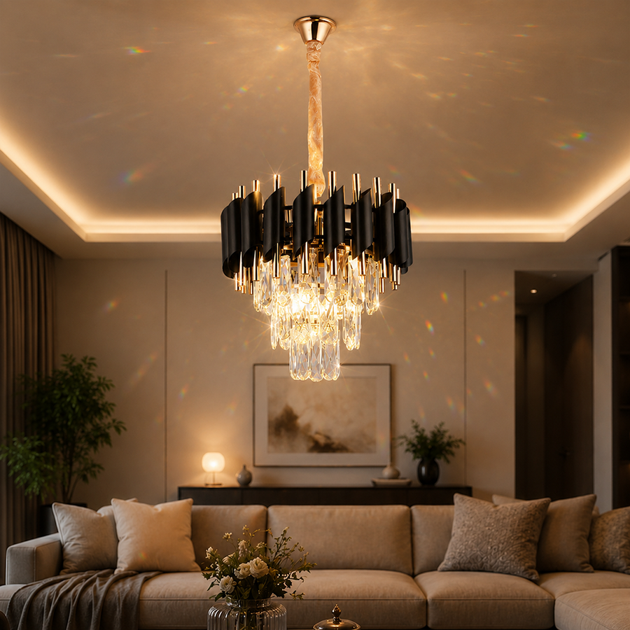 Kristály csillár VERSAILLES Petito 3xE14, átmérő 30 cm, fényes arany és fekete, állítható magasságú kristálycsillár alapértelmezett cím Alessandro Design