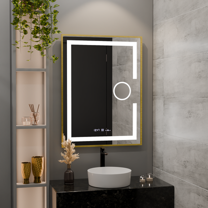 Oglinda LED Rectangulara, 60x80cm, Eclat MotionGlow Marcello, Sistem Dezaburire, Ceas & Termometru, Lupa Cosmetica, Dimabila, Rama Auriu Brushed Oglinzi Marcello Default Title Alessandro Design