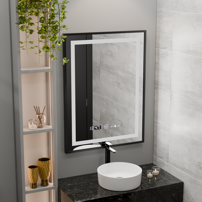 Négyszögletű LED-es tükör, 50x70 cm, Verite Majeste Noir Motion Glow Marcello, páramentesítő rendszer, óra és hőmérő, szabályozható tükrök Marcello alapértelmezett cím Alessandro Design