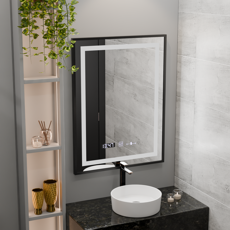 Négyszögletű LED-es tükör, 50x70 cm, Verite Majeste Noir Motion Glow Marcello, páramentesítő rendszer, óra és hőmérő, szabályozható tükrök Marcello alapértelmezett cím Alessandro Design