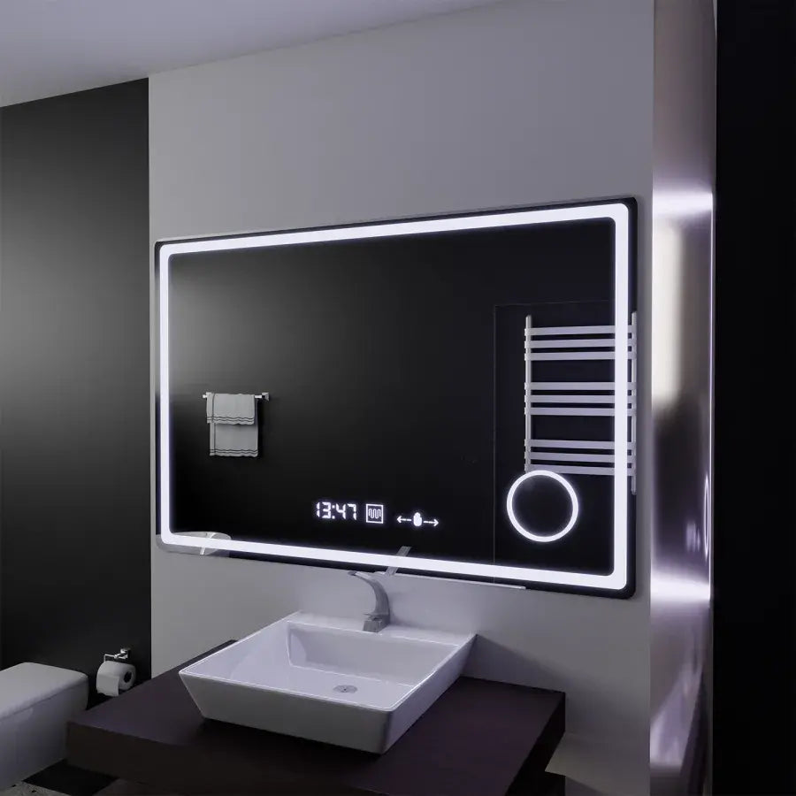 Négyszögletű LED-es tükör, 120x80 cm, Souverain MotionGlow Marcello, páramentesítő rendszer, óra és hőmérő, kozmetikai nagyító, szabályozható Marcello tükör Alapértelmezett cím Alessandro Design