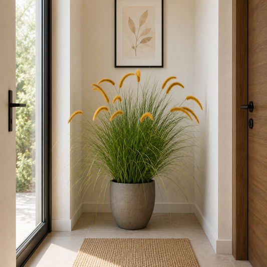 Planta Artificială Iarbă Ornamentală Tip Coadă de Vulpe, 100cm, Iarbă curbată cu Spice, Verde si Galben, Fara Ghiveci