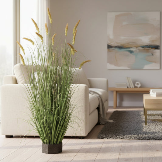 Planta Artificială Iarbă Ornamentală Tip Coadă de Pisicǎ, 150 cm, 17 tulpini, iarbă curbată și spice, Verde, Fara Ghiveci
