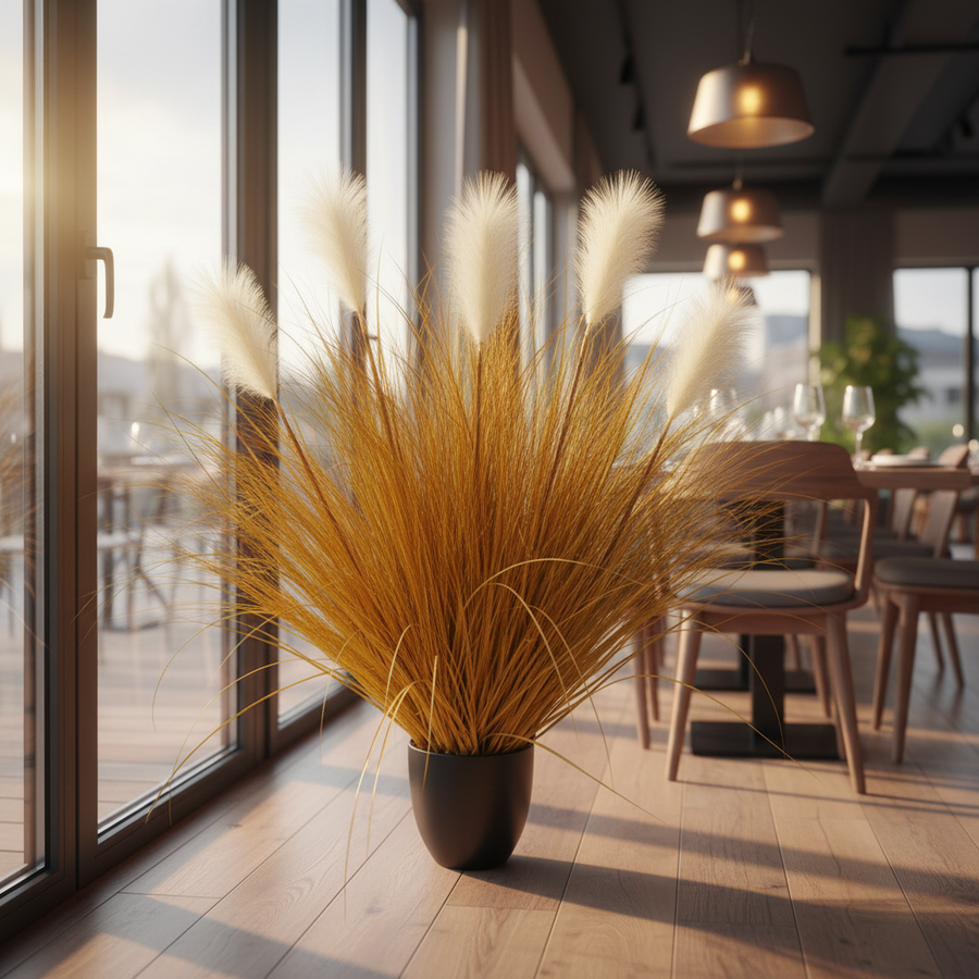 Planta Artificială Iarbă Ornamentală, 95 cm, 5 tulpini, Stuf si Iarba, Portocaliu, Fara Ghiveci