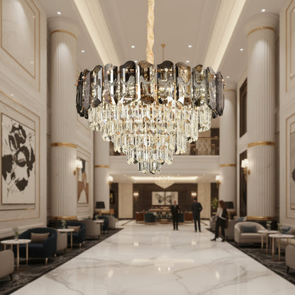 Candelabru Cristal AURUM Eleganza 9xE14, Diametru 50cm, Inaltime 35cm, Auriu Lucios, Inaltime Reglabila, Design Elegant