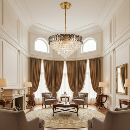 Candelabru Cristal AURUM Regalis 22xE14, Diametru 80cm, Inaltime 55cm, Auriu Lucios, Inaltime Reglabila, Design Elegant