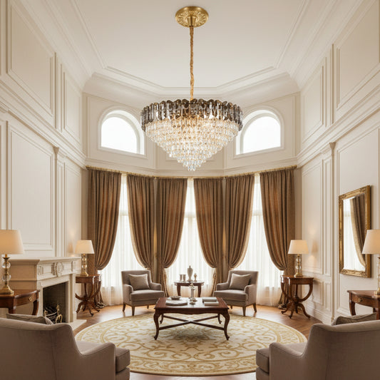 Candelabru Cristal AURUM Regalis 22xE14, Diametru 80cm, Inaltime 55cm, Auriu Lucios, Inaltime Reglabila, Design Elegant