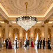 Candelabru Cristal AURUM Regalis 22xE14, Diametru 80cm, Inaltime 55cm, Auriu Lucios, Inaltime Reglabila, Design Elegant